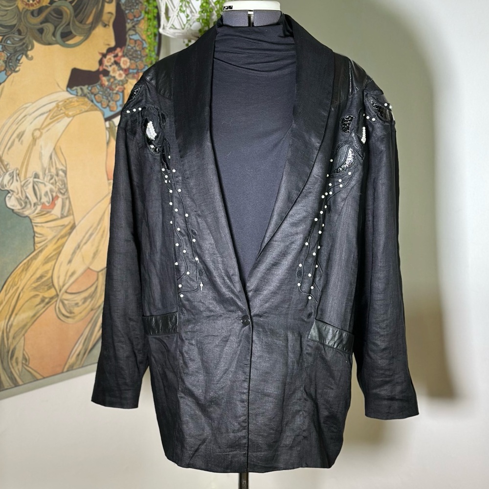 Vintage Thick Black 100% Linen Oversized Blazer w/ Real Leather & Snake Skin